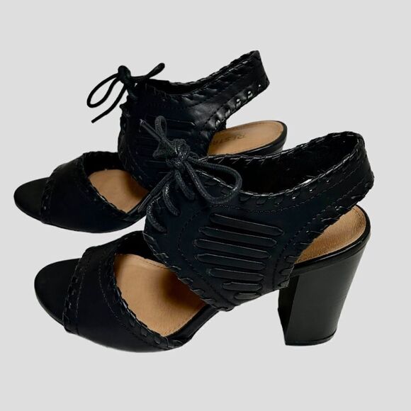 Restricted Faux Leather Black Woven Sandals Block Heels Tie Laces Pumps Summer - Picture 6 of 9